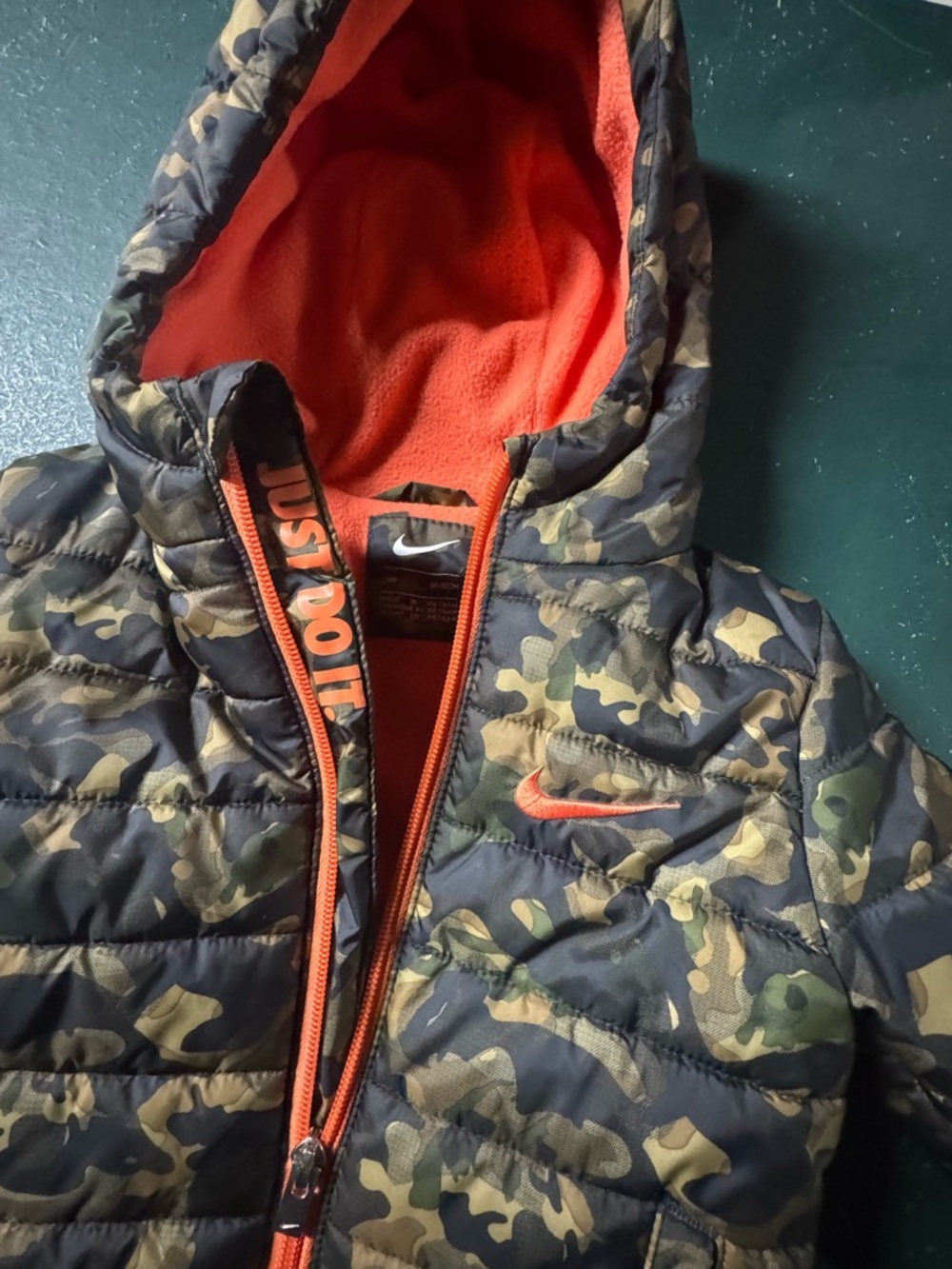 Nike Kids' Camouflage Puffer Jacket with Orange Interior and Zip - 24 months
